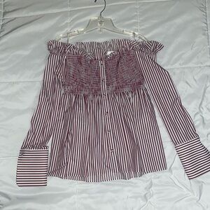 Victoria Beckham Burgundy Striped Off-Shoulder Blouse